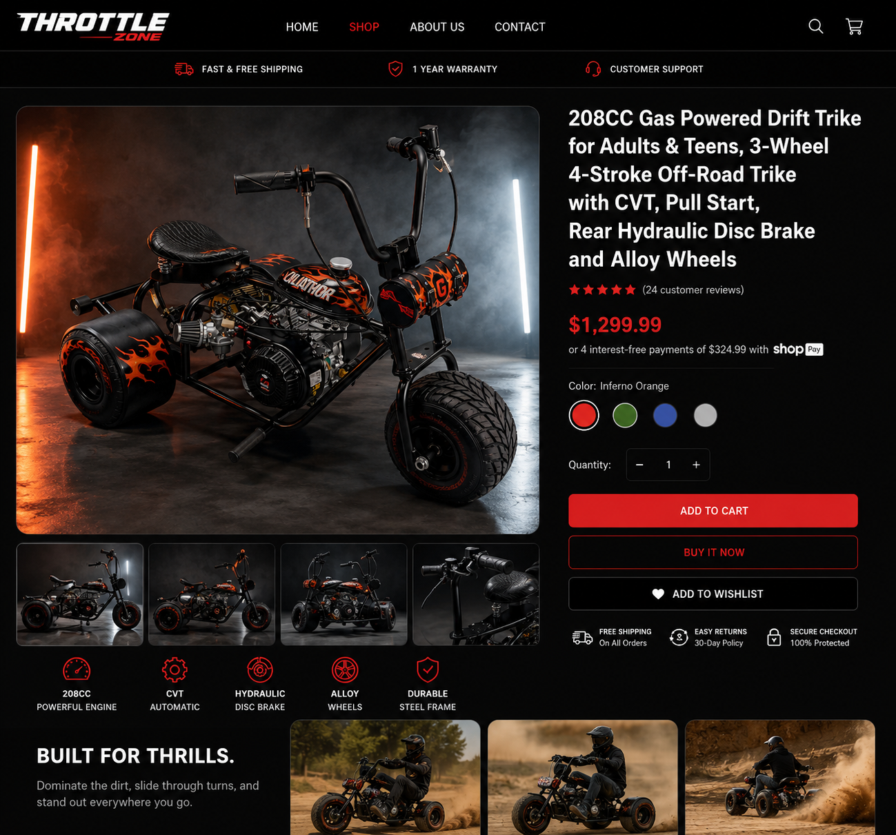 208cc custom gas powered drift trike with orange flame paint job