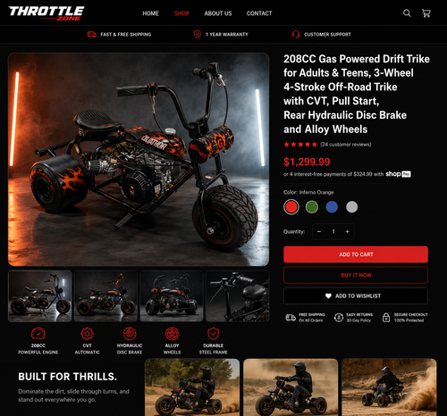 208cc custom gas powered drift trike with orange flame paint job